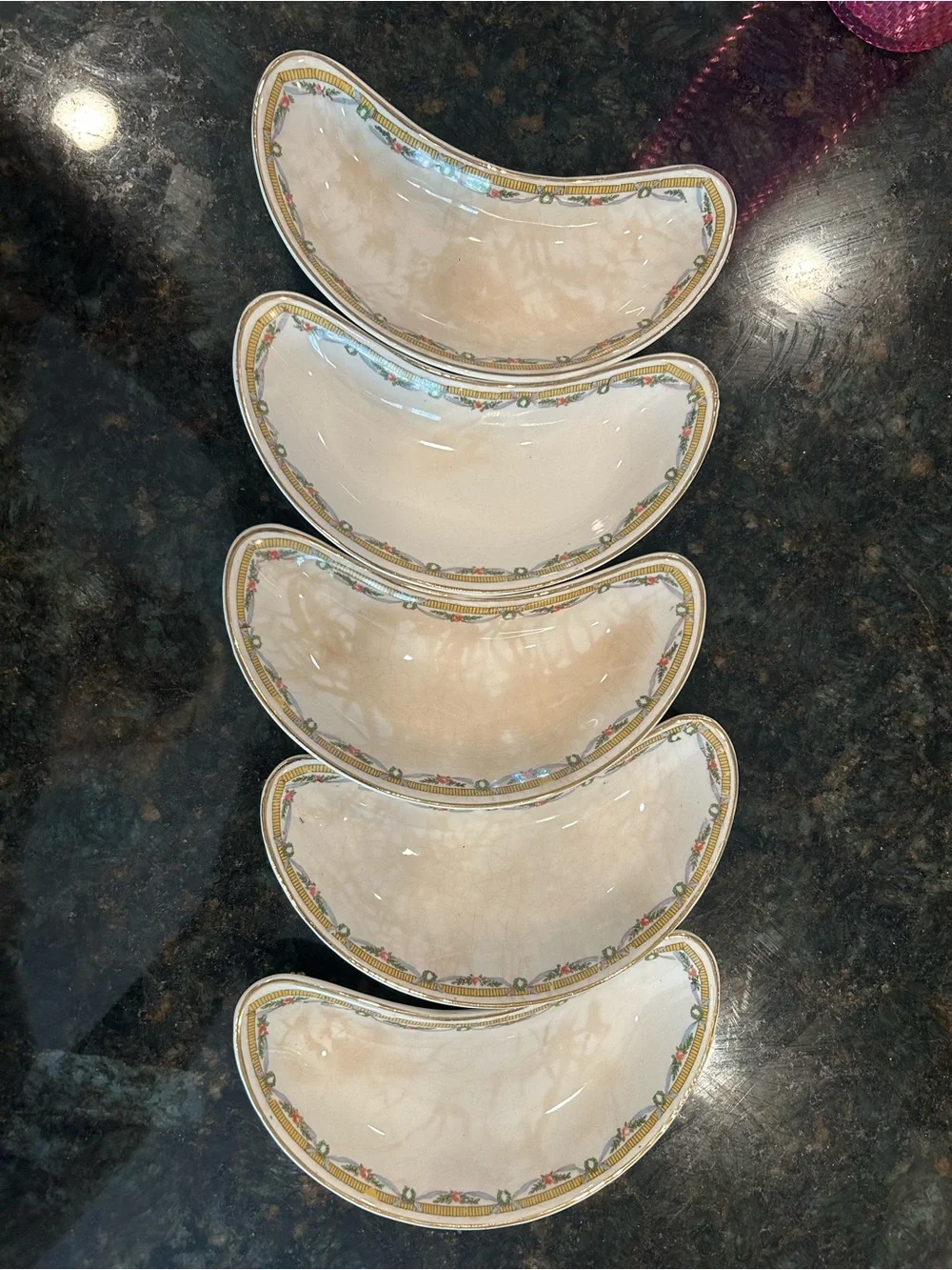 Vintage Bone Dishes Cream Crescent with Gold and Floral Border (5set)